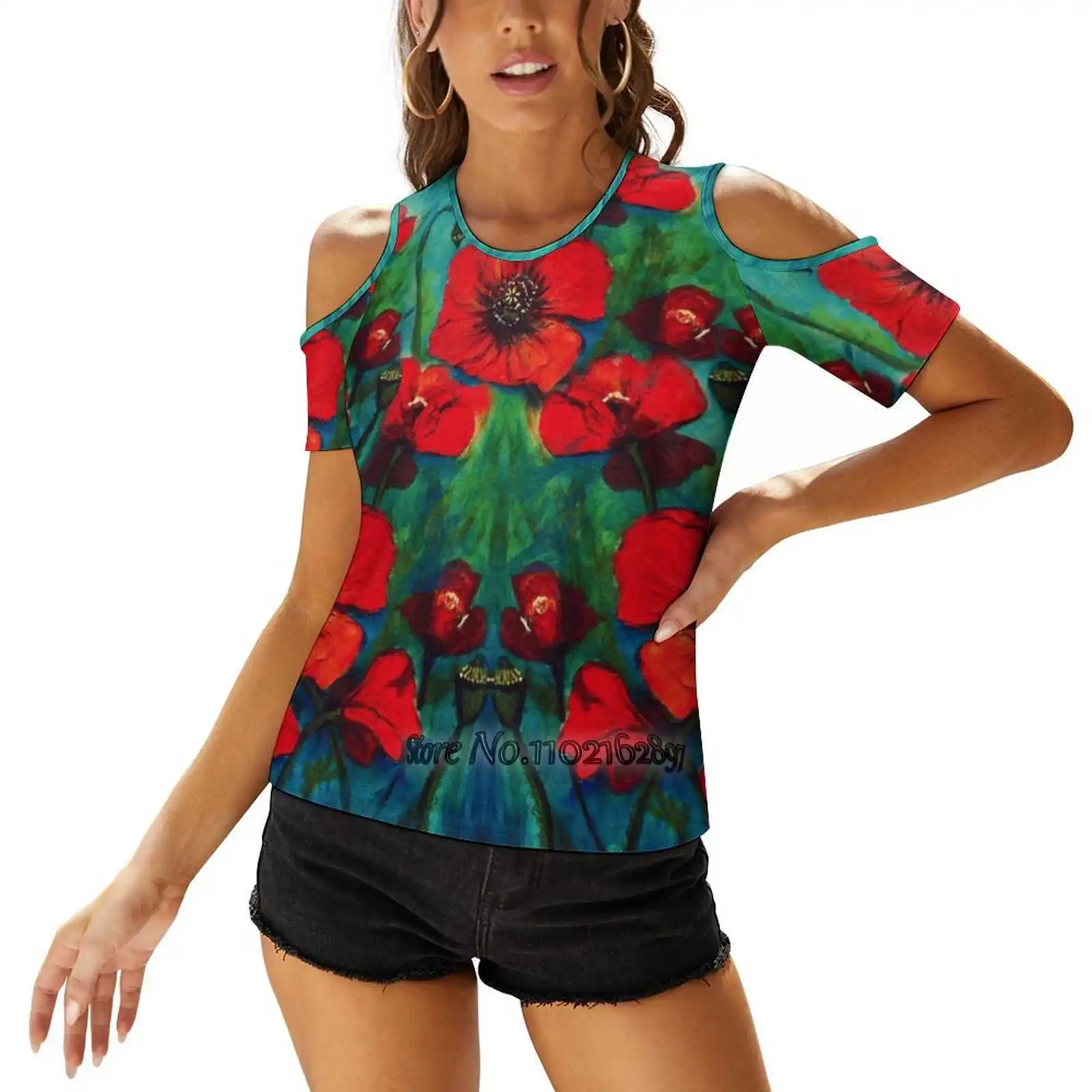 Giorno Della Memoria Poppies T-Shirt Da Donna Casual A Maniche Corte Top Tee Ladies T-Shirt Larghe Poppies Flower Floral Botanical