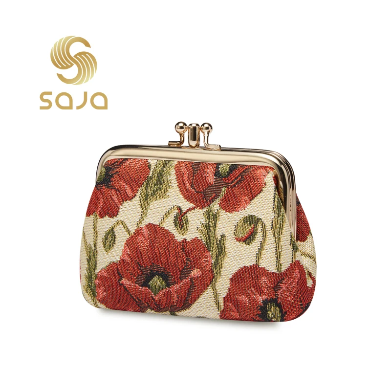 Saja Arazzo Coin Portafoglio Chiave Portafoglio Portafoglio Portafoglio Portafoglio Doppio Pocket Kiss Lock Frame Portafoglio Rosso Poppy Flower Patte
