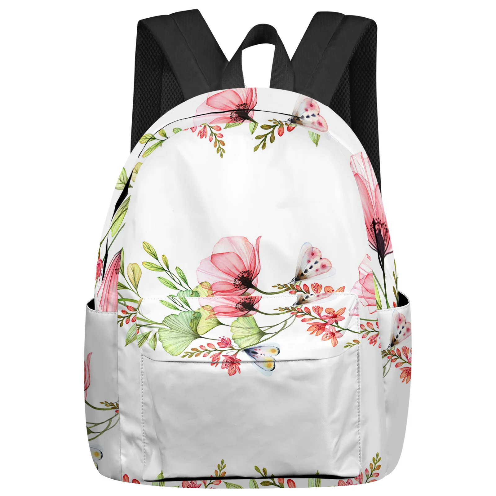 Poppy Flower Butterfly Plant White Student School Bags Zaino Personalizzato Per Laptop Per Uomo Donna Donna Travel Mochila