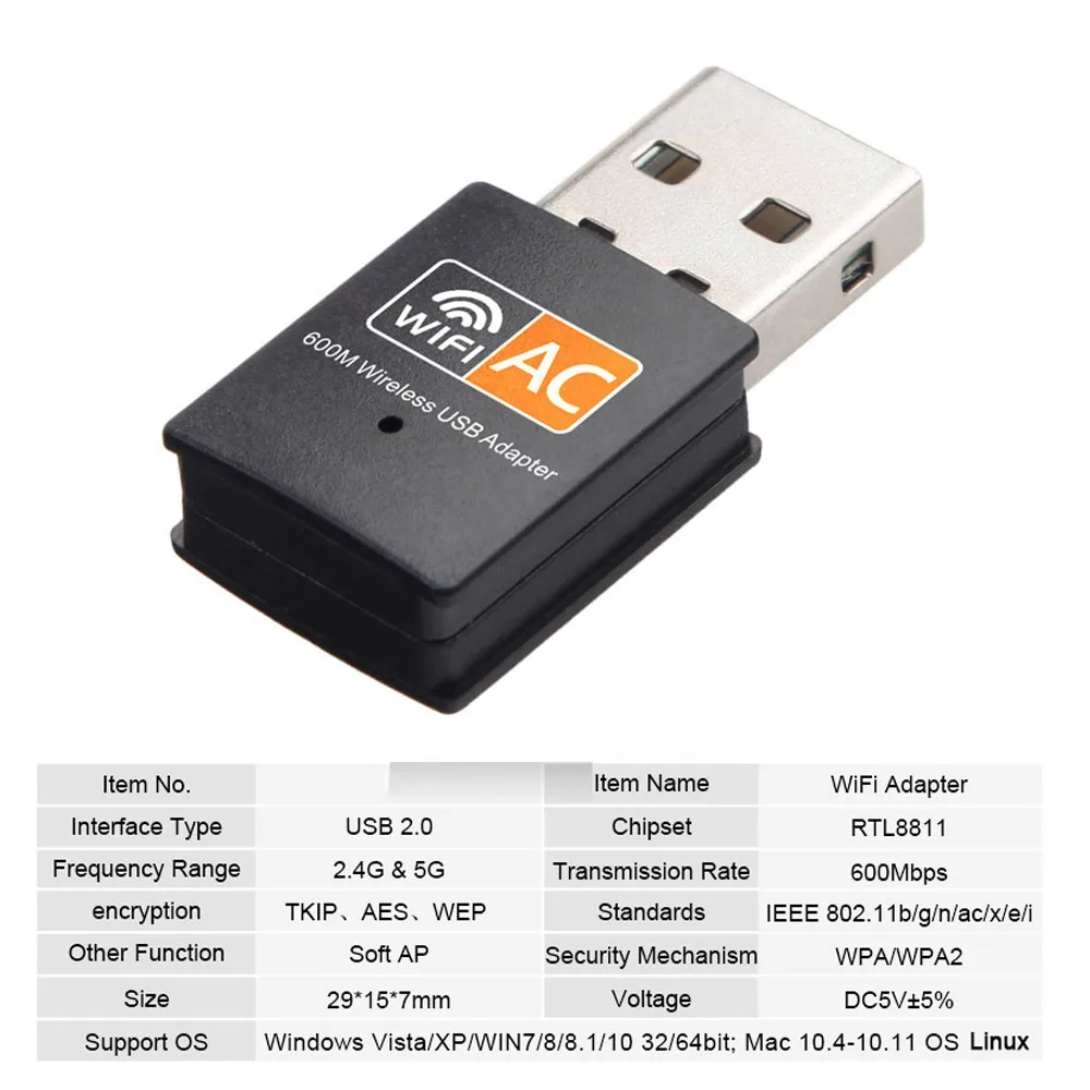Adattatore Wifi Usb Dual Band Da 600Mbps 2.4Ghz + 5Ghz Scheda Di Rete Wireless Adattatore Wifi Usb Wireless Dongle Wifi Scheda Di Rete Per Pc