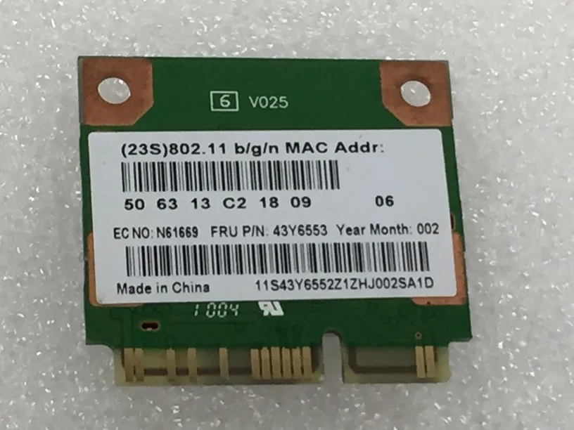 Per Realtek Rtl8191Se 802.11 B/G/N Half Mini Pci-E Wireless Wifi Card Per Lenovo Thinkpad Fru P/N 43 Y6553