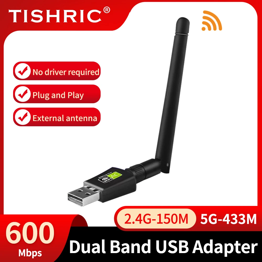 Tishric Dual-Band Usb Wifi Adapter Scheda Di Rete Wifi 600Mbps 5Ghz E 2.4Ghz Per Pc Laptop Antenna Wifi Ricevitore Ethernet Usb
