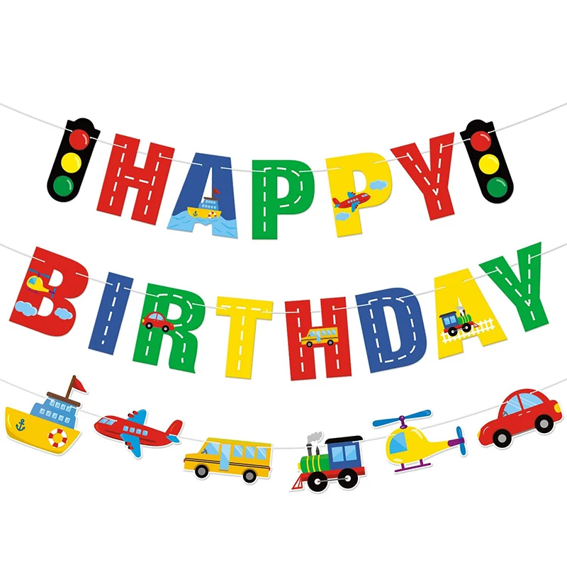 Airplane Kids Happy Birthday Party Banners Train Plane Ship Helicopter Traffic Streamers For Airplane Birthday Party Decorations