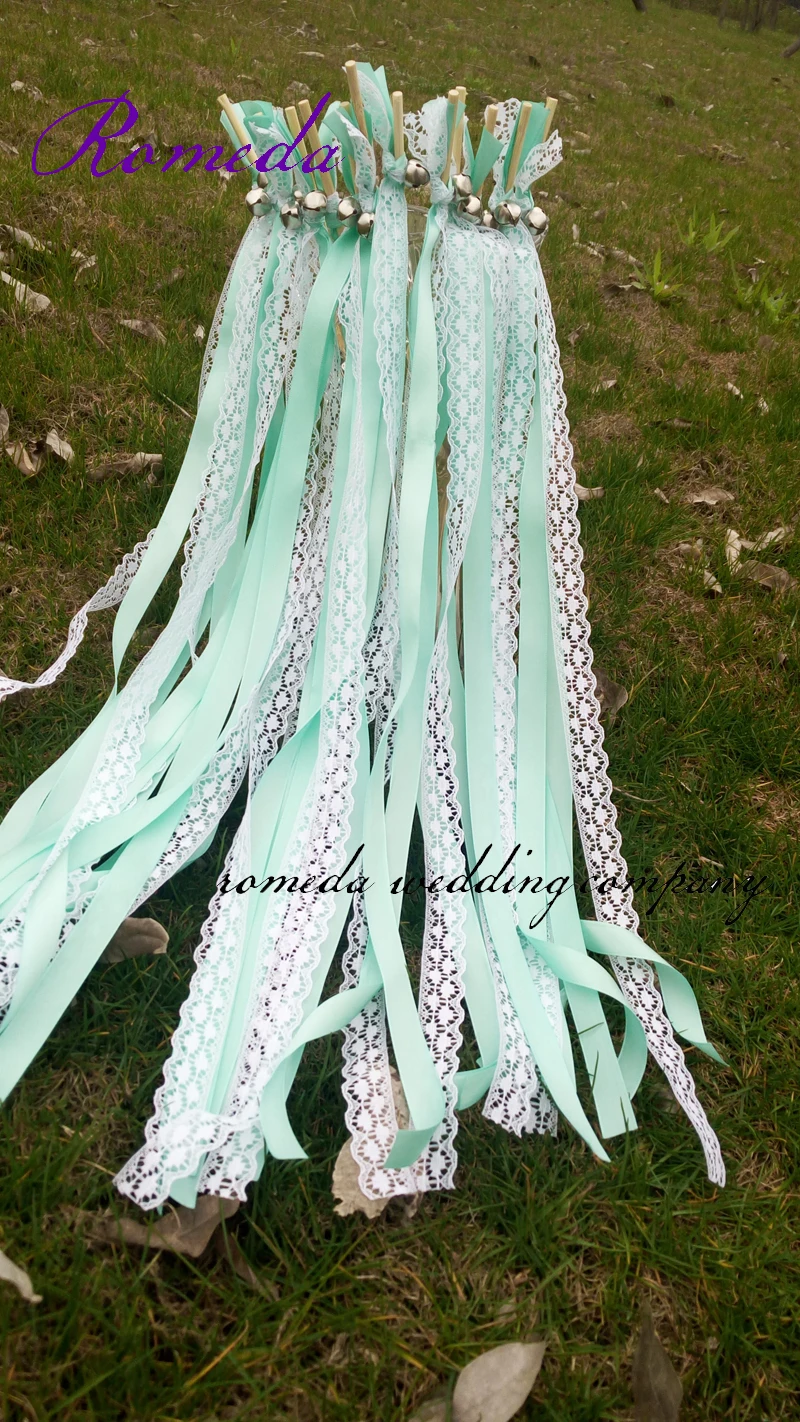 50 Pezzi/Lottp D Style Tiffany Blue Ribbon Lace Wedding Bastoni Con Campana Nastro Nozze Stick, Nastro Twirling Streamers