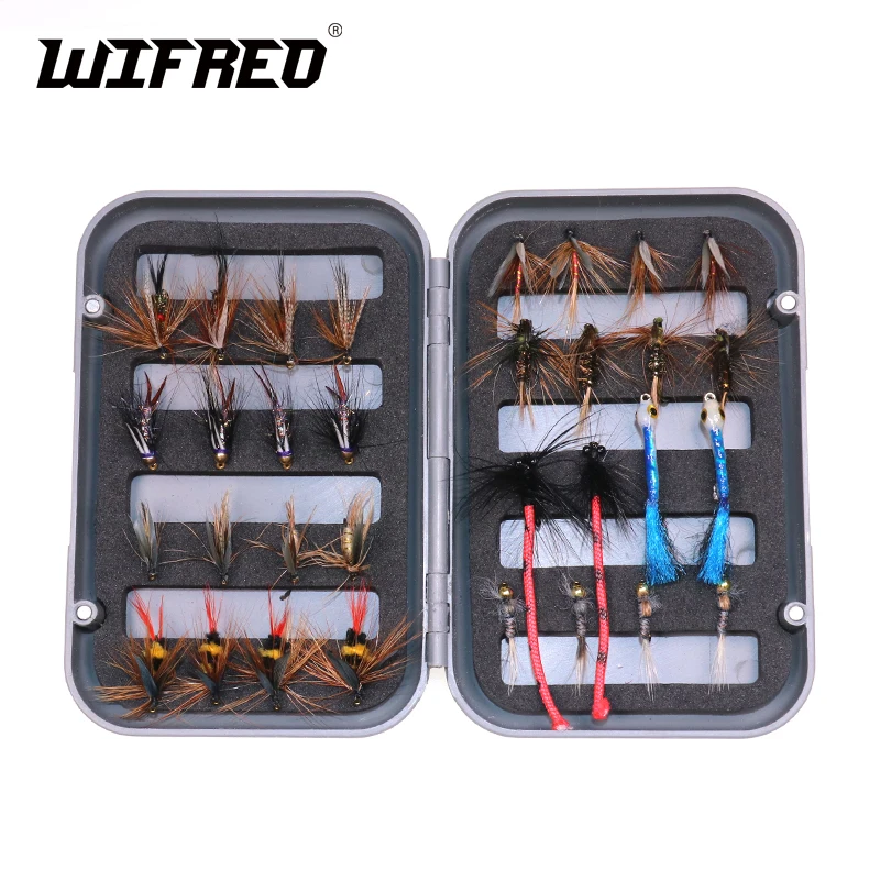 Wifreo 32Pcs Fly Box Combo Kit Dry & Wet Ninfa Fly Fishing Lure Streamer Artificiale Pesca Esche Esche Carp Trota Attrezzatura Da Pesca