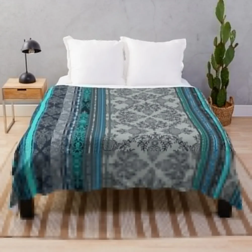 Teal, Aqua & Grey Vintage Bohemian Wallpaper Throw Coperta Regalo Personalizzato Flanella Per Coperte Da Viaggio Per Divani