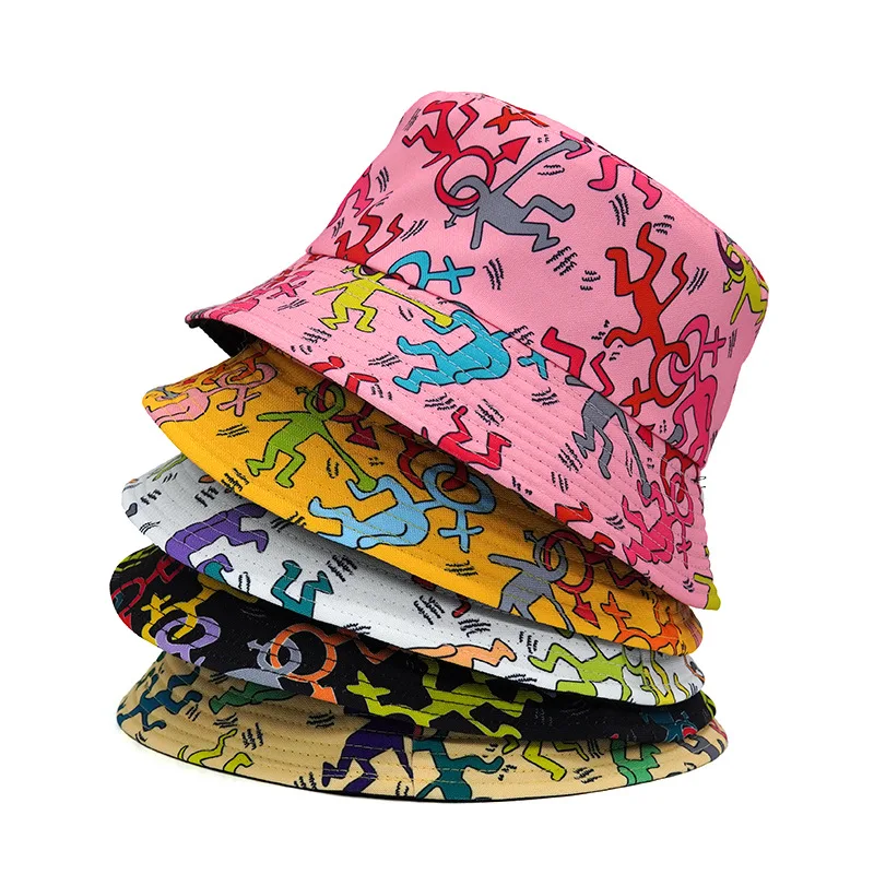 Cartoon Figurine Printed Bucket Hats Women Summer Unisex Cotton Sunscreen Panama Hat Men Outdoor Fisherman Hat Beach Cap Female