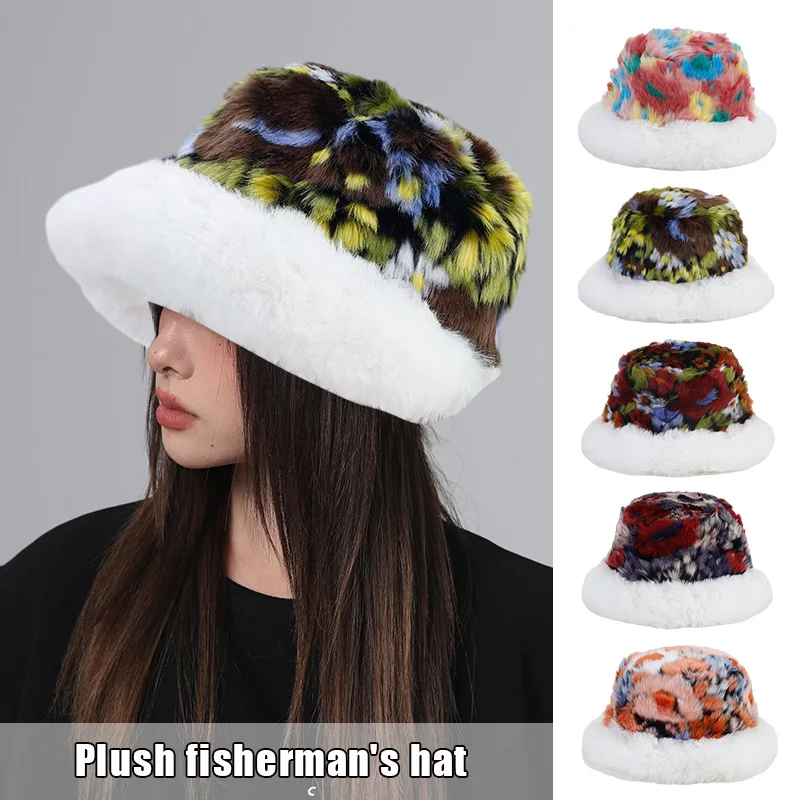 Y2K Fluffy Faux Fur Bucket Hat Donna Faux Fur Warm Thick Plush Hat Lady Winter Fashion Furry Panama Fisherman Cap