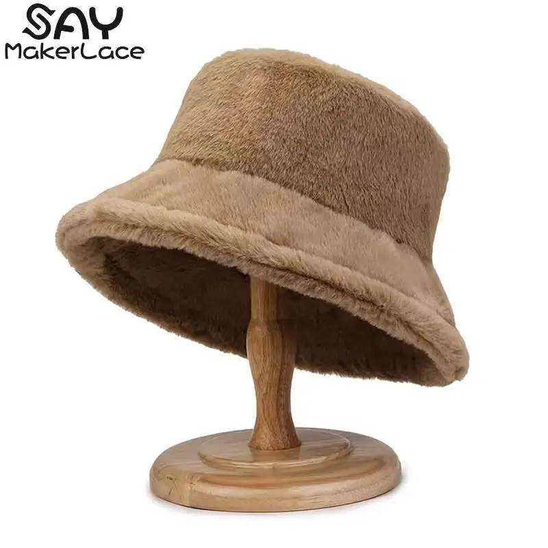 Outdoor Thick Warm Panama Cap Winter Plush Bucket Hats Solid Soft Faux Lady Girls Streetwear Cappello Da Pescatore Per Le Donne