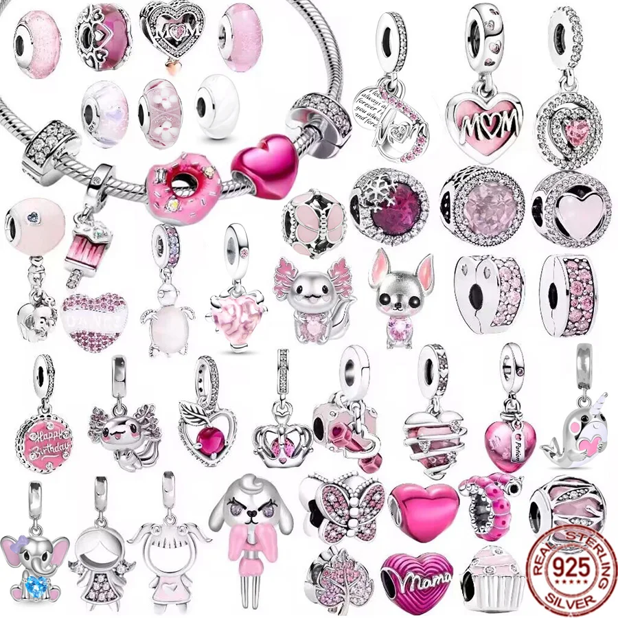 925 Sterling Silver Pink Series Charm Girl Turtle Butterfly Poision Murano Glass Heart Pendant Beads Fit Pandora Bracciale Jewelry