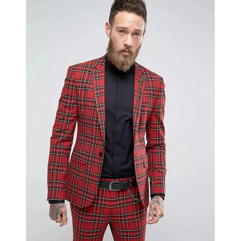 Classic Men Suits Blazer Red Plaid Special Blazer 2 Pezzi Jacket Pants Slim Fit Monopetto Notch Risvolto Prom Party Set Completo