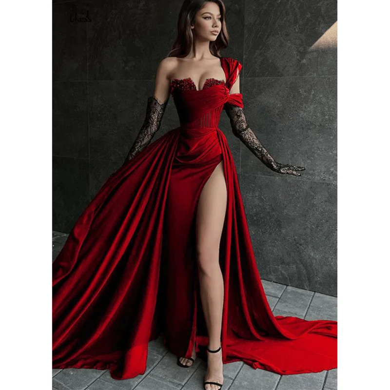 Sexy Red Prom Dress 2024Split Senza Maniche Una Spalla Guanti Da Colpo Piega Dritto Staccabile Treno Evento Speciale Belle Donne