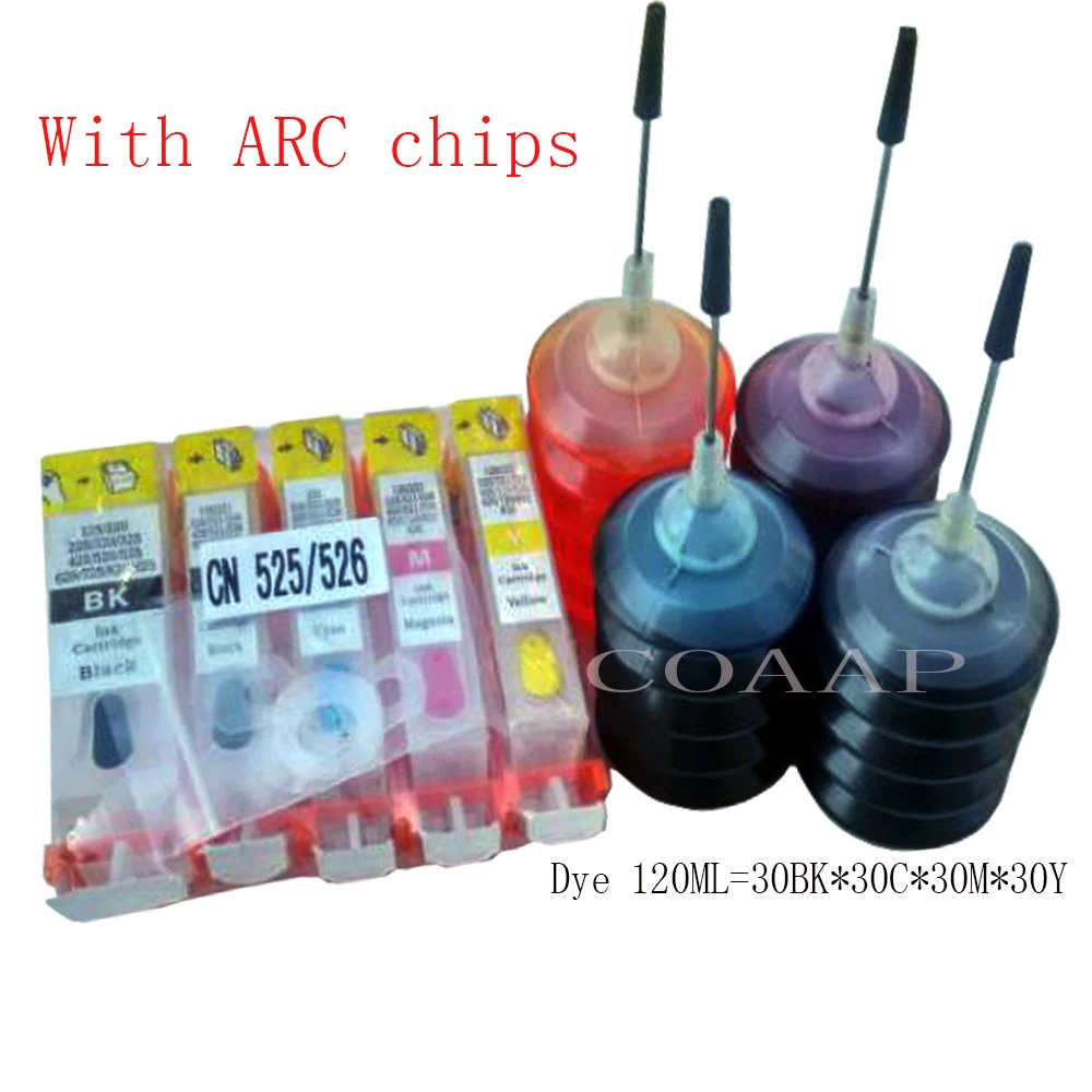 5 Pezzi Canon Ricaricabile Pgi525 Cli526 Kit Cartuccia D'Inchiostro Vuota + Inchiostri Coloranti Da 120Ml + Chip Arc Per Stampante Pixma Mg 6250 Mg622