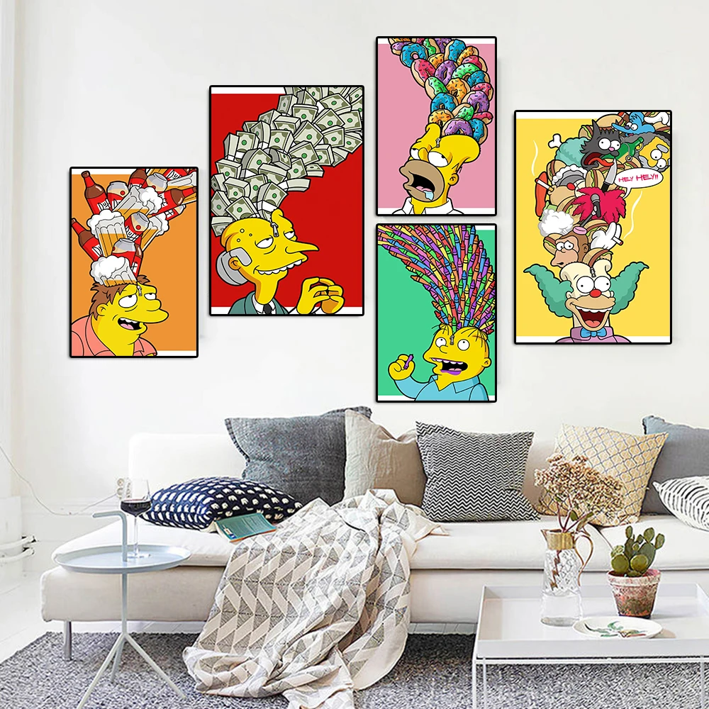 Disney The Simpsons Funny Canvas Painting Fashion Pop Money Graffiti Poster Anime Comic Acquerello Wall Art Room Home Decor Gift