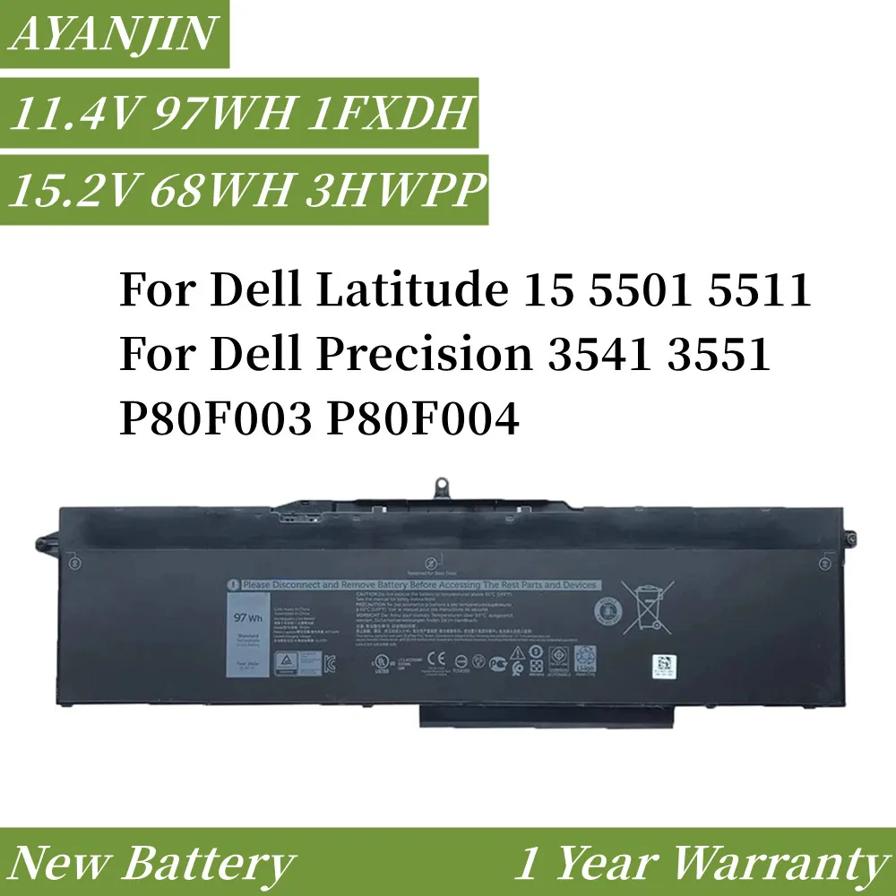 1Fxdh 11.4V 97Wh Batteria Per Laptop Per Dell Latitude 15 5501 5511 Per Dell Precision 3541 3551 P80F003 P80F004 15.2V 68Wh 3Hwpp