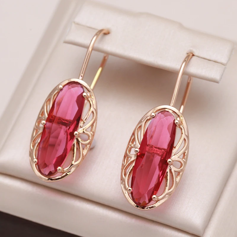 Kinel New Long Oval Red Natural Zircone Orecchini Pendenti Fashion 585 Rose Gold Color Women Hollow Flower Orecchini Gioielli Vintage