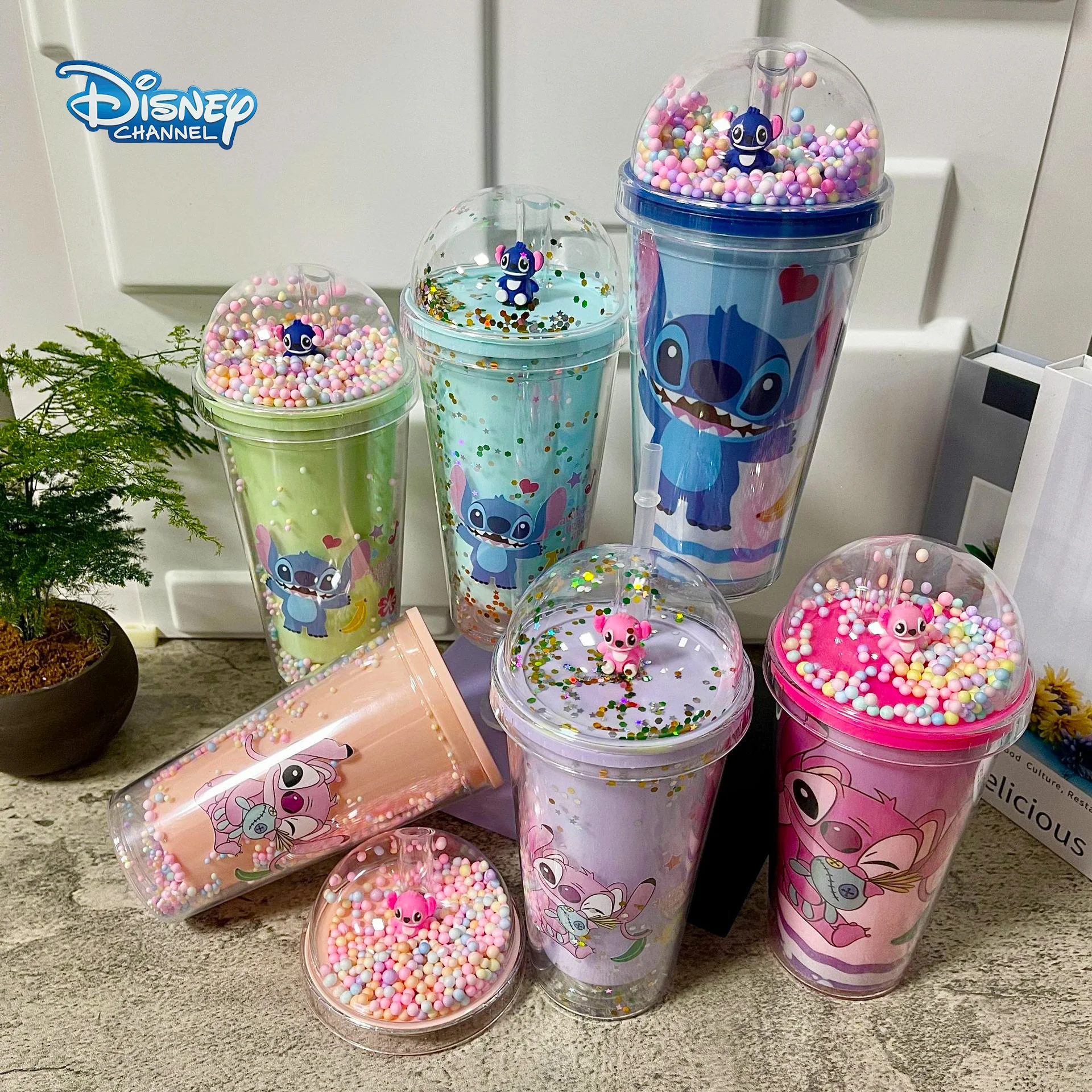Stitch Straw Cup For Children 450Ml Disney Portable Sports Bottle Anime Figure Lilo And Stitch Bicchiere D'Acqua In Plastica A Doppio Strato
