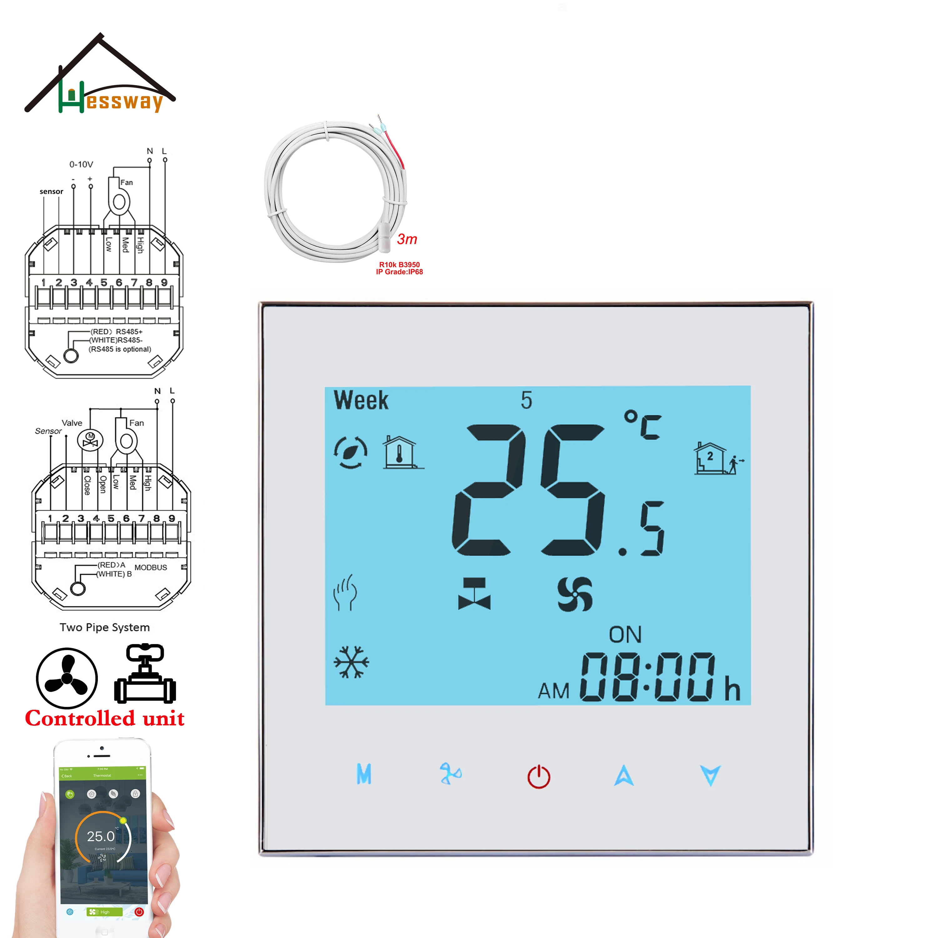 Hessway Wifi Heat Cool Termostato Per 0-10V Proporzionale/Nc No Valve Fan Coil Condizionatore D'Aria Funziona Con Alexa Google Scarn