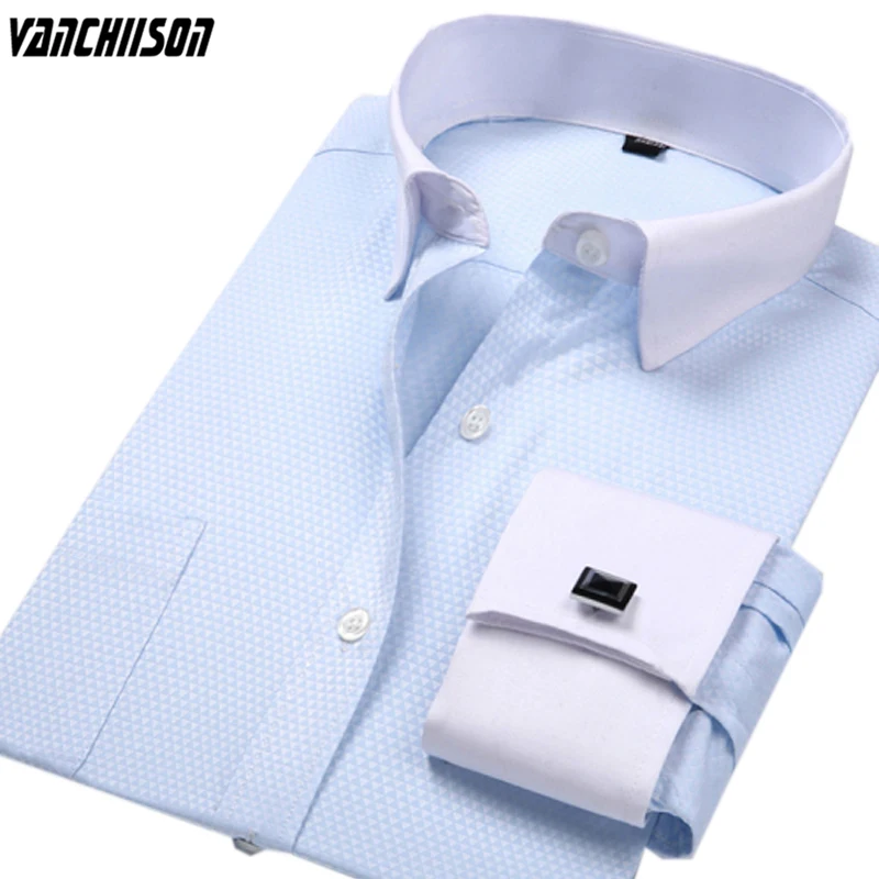 Camicia Elegante Da Uomo Polsini Francesi Tessuto Dobby Plus Size 5Xl 6Xl 100Kg 110Kg Per L'Estate Primavera Manica Lunga Solid Sky Blue 00606