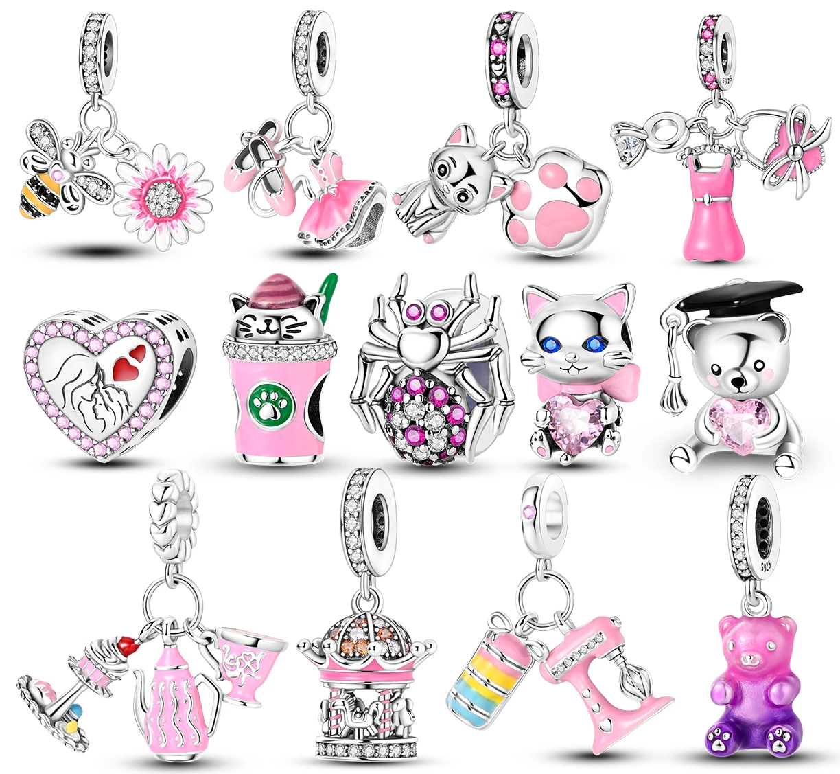 925 Solid Silver Bead Charm Pink Series Butterfly Flower Heart Infinite Love Beads Fit Original Pandora Charms Bracciale Jewelry