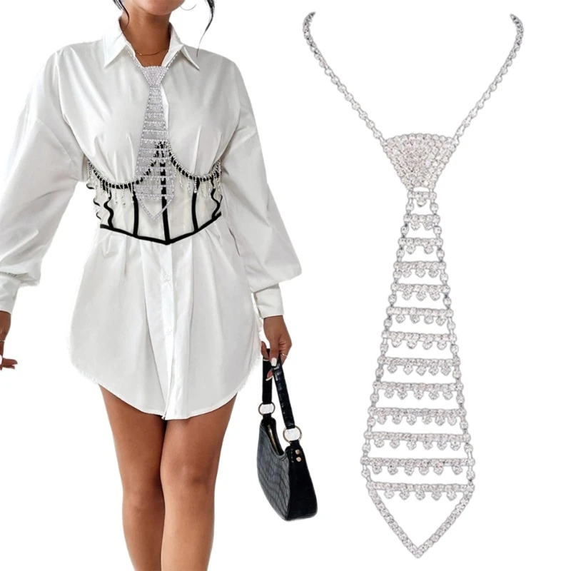 Donne Punk Jeweled Chain Tie Sparkling Strass Cravatta Lunga Collana Di Cristallo Per Club Party Carnival Music Festival Show