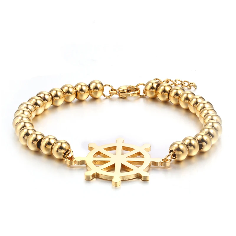 Ruota Della Nave Della Catena A Maglie Del Rosario D'Oro In Braccialetti Dell'Amicizia Del Polso Della Mano Nautica Da Uomo In Acciaio Inossidabile