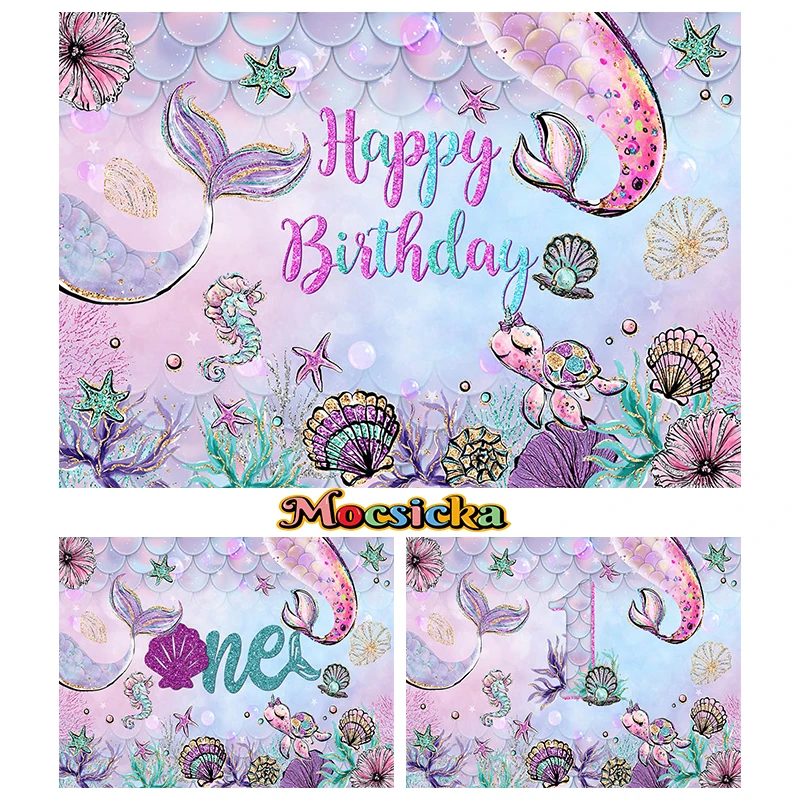 Mocsicka Little Mermaid Decoration Photography Fondale Shell Turtle Seaweed Baby One Birthday Party Background Studio Photozone