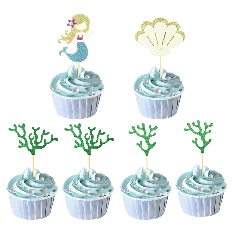 6 Pezzi Coda Di Sirena Cake Topper Sea Grass Shell The Little Mermaid Girl Birthday Party Baby Shower Decorazioni Per Cupcake Forniture