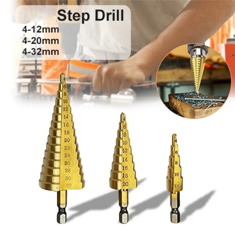 1Pcs 4-12/20/32 Millimetri Di Grandi Dimensioni In Acciaio Hss 4241 Acciaio Passo Cone Drill Titanium Bit Set Hole Cutter Hex Core Drill Bit Strumento