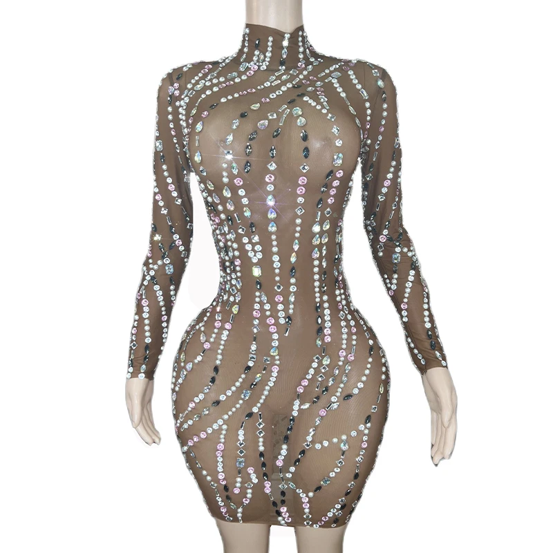 Rhinestone Sexy Shining Colorful Transparent Brown Mesh Dress Evening Outfit Birthday Stretchy Dance Costume