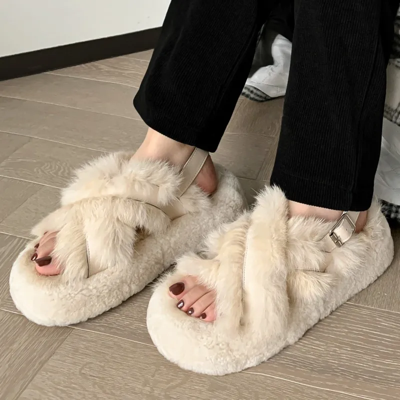 Brand New Warm Fluffy Home Slippers Female Winter Natural Fur Slippers For Women Flat Platform Cozy Furry House Indoor Shoes Hot