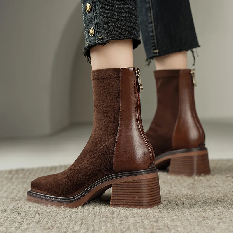 2023 Autumn Winter Women Ankle Boots Natural Leather 22-25Cm Flock+ Cowhide+Pigskin Back Zipper Chelsea Boot Women'S Boot