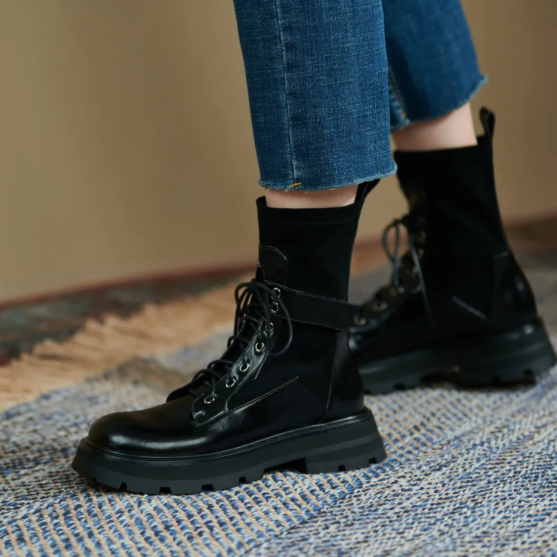 Autumn Winter Women Ankle Boots Natural Leather 22-25Cm Elastic Pu/Lace+Cowhide+Pigskin Back Zipper Elastic Boots Women'S Boot