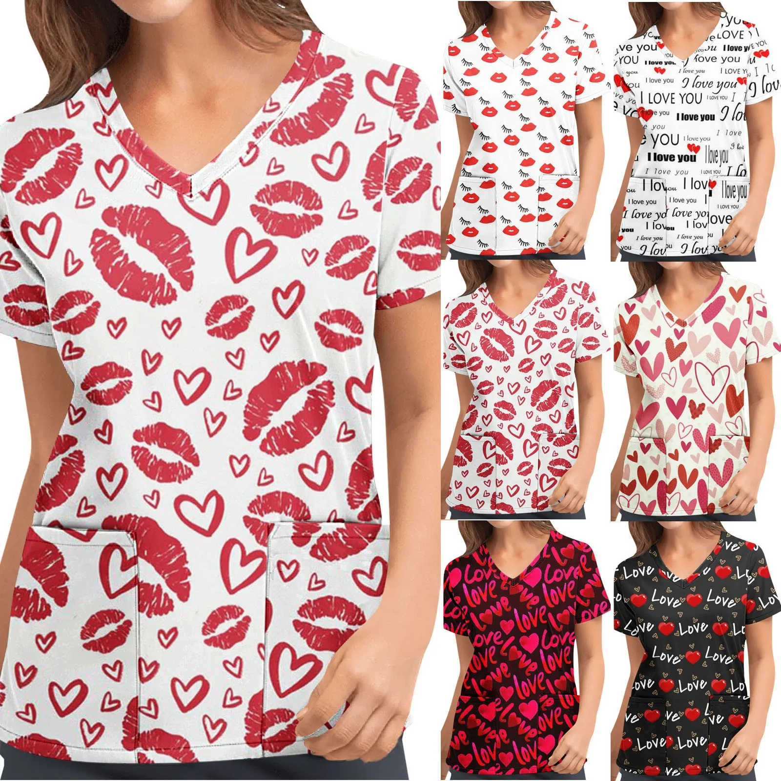 Uniforme Da Infermiera Scrub Per San Valentino Da Donna Stampata Uniformi Mediche Da Lavoro Camicie Con Scollo A V A Maniche Corte Top Enfermeria Muje