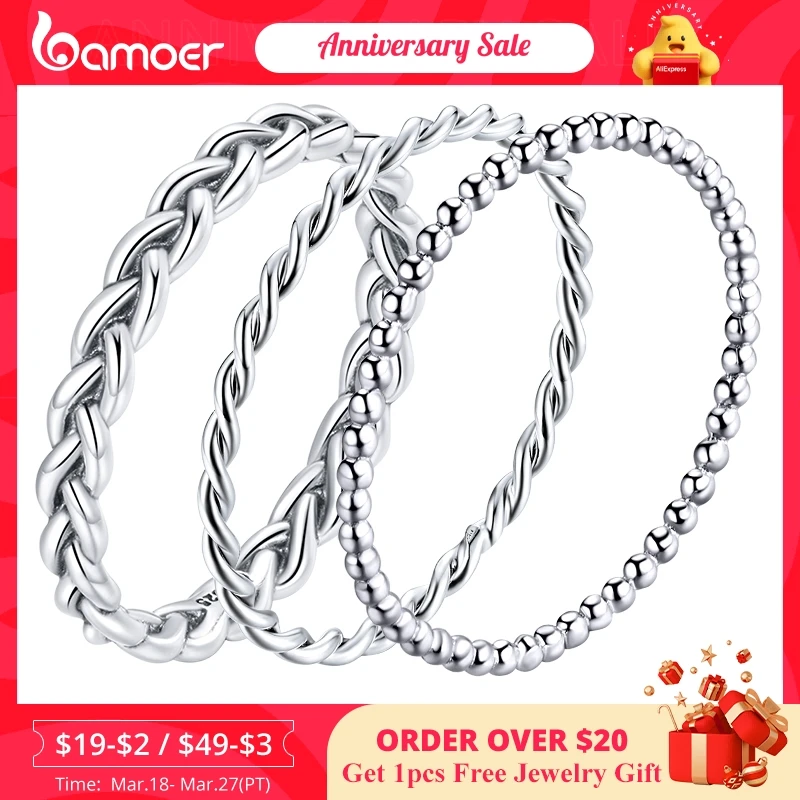 Bamoer 925 Sterling Silver Intrecciato Texture Twisted Eternity Band Anelli Impilabili Gioielleria Raffinata