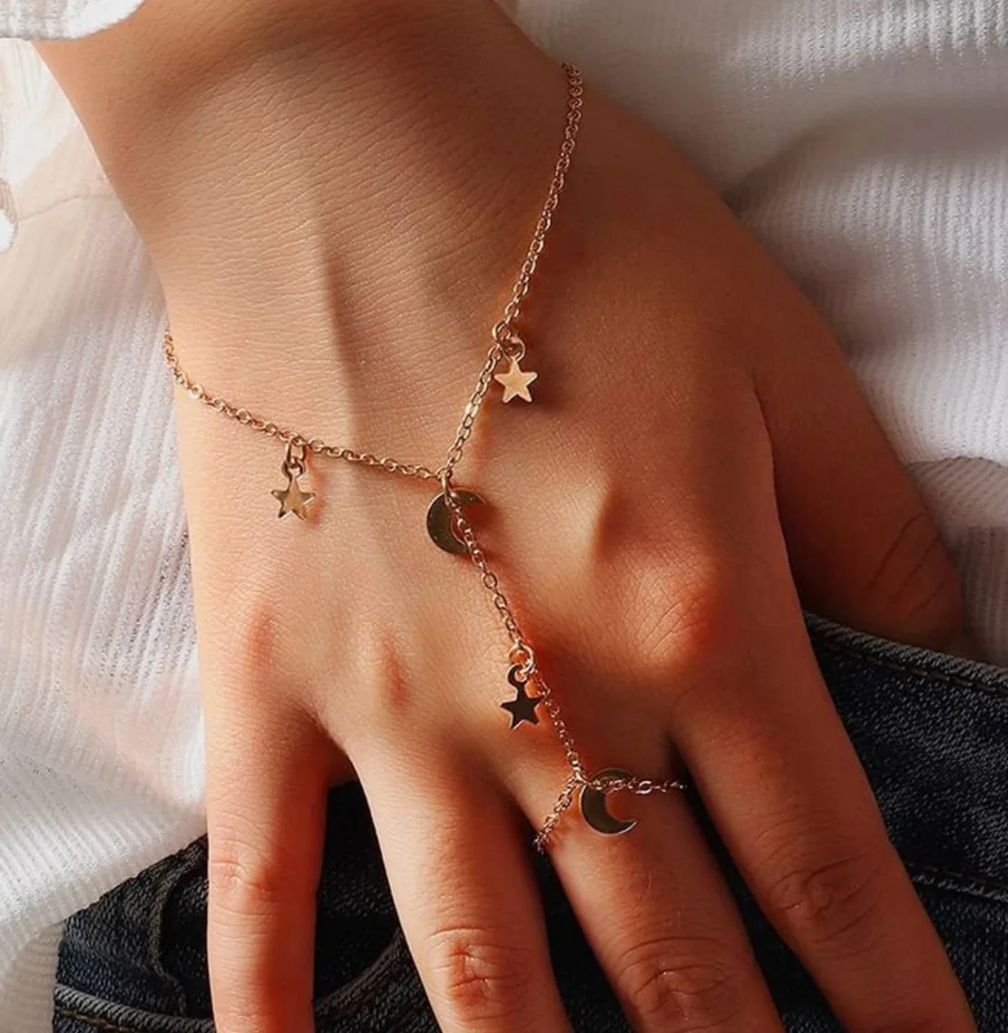 Bracciale Stella E Luna, Bracciale A Catena Ad Anello Bracciale A Mano Semplice Con Catena A Mano In Oro Bracciale Con Dito Bohémien