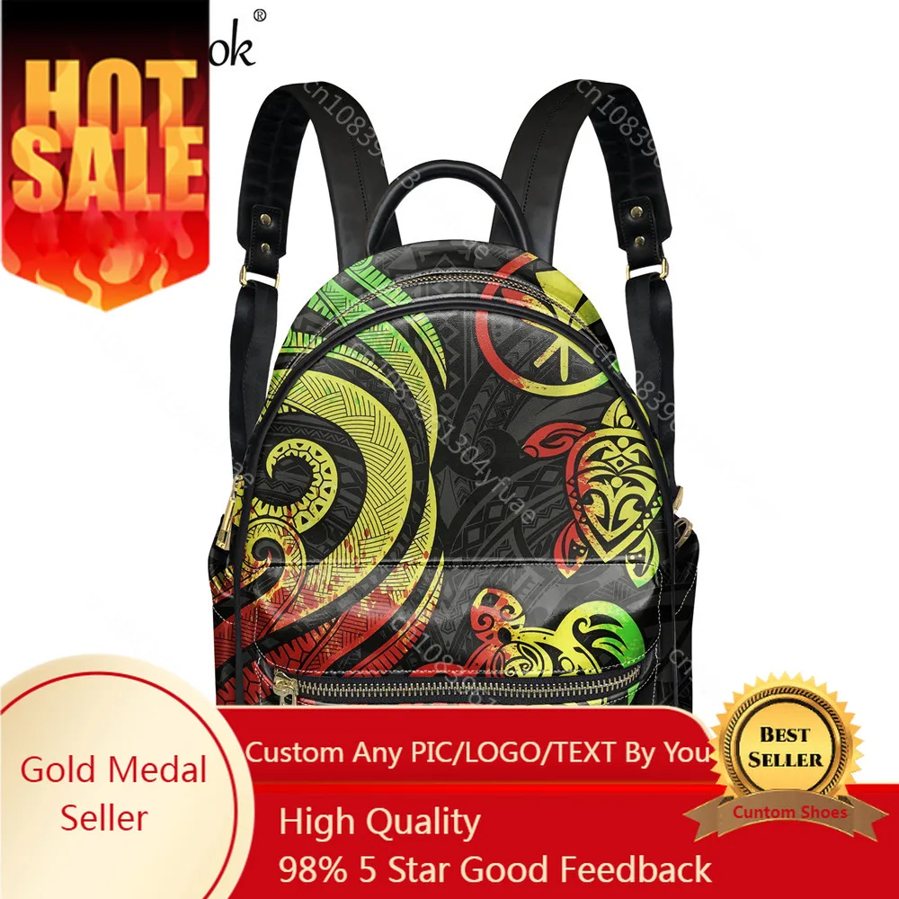 Hawaii Sea Turtle Polynesian Pattern Womens Luxury Leather Backpack Girls Small Campus Schoolbag Satchel Mochila
