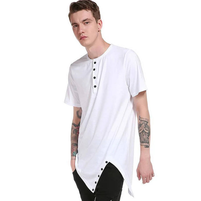 Estate Nuova T-Shirt Manica Corta Mens Orlo Irregolare Tshirt Trendy Button Collar Hip Hop Streetwear Top Tees Slim Fit Camisetas