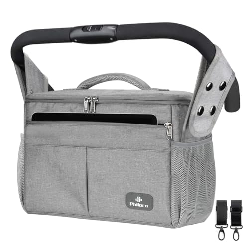 Philorn Borsa Per Carrozzina Grande Organizzatore Passeggino Con Portabicchieri Isolati & Tracolla, Borsa Consolle Per Genitori - Attacco Facile E Sic