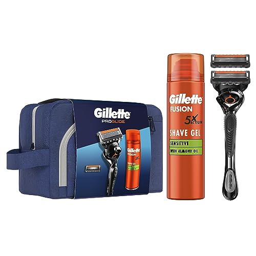 Gillette Proglide Fusion Kit Regalo, 2 Lamette + 1 Manico, 1 Schiuma Da Barba Sensitive, 1 Astuccio Da Viaggio, Ottimo Per La Cura Della Barba, Idea R