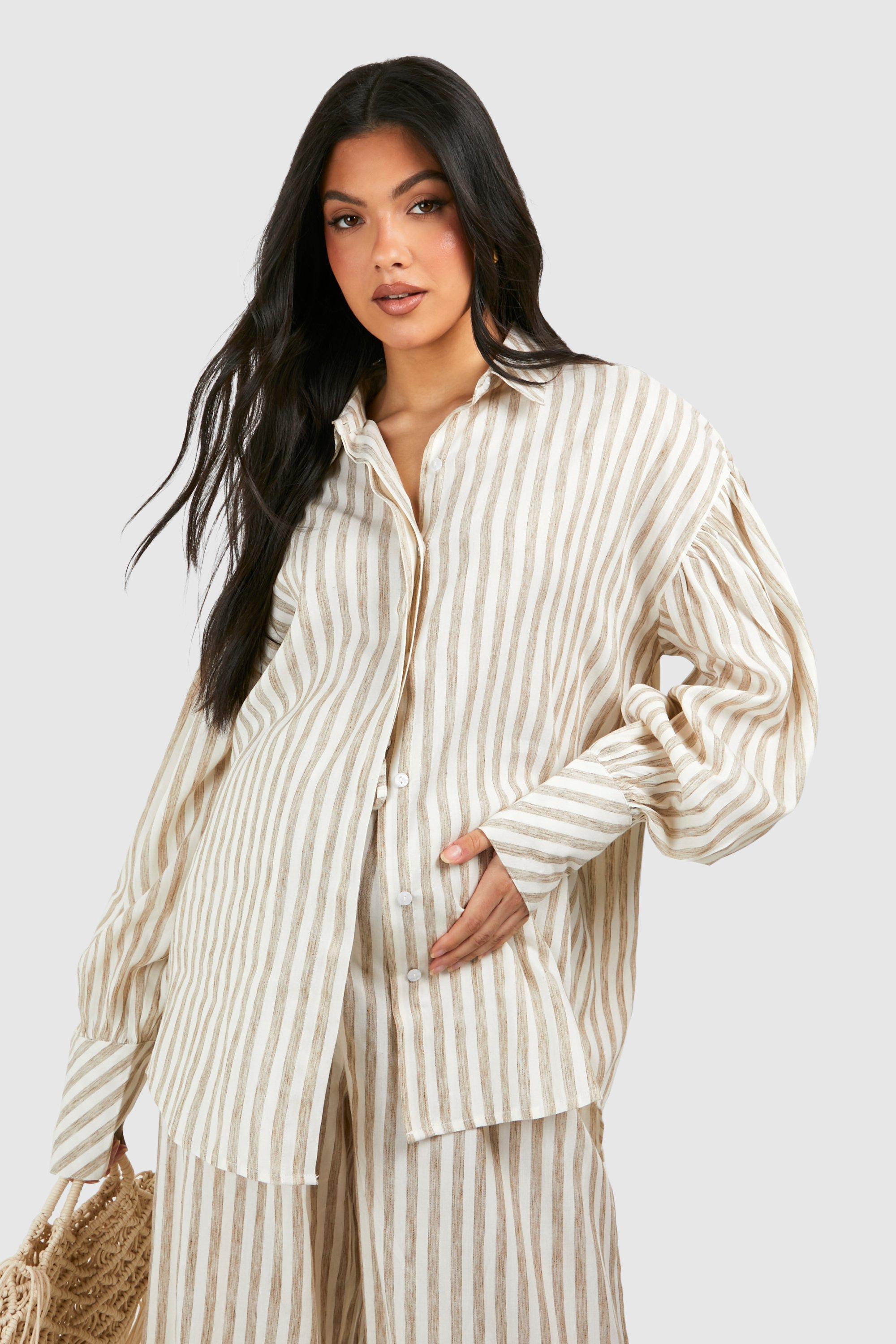 Maternity Stripe Linen Oversizsed Shirt, Beige