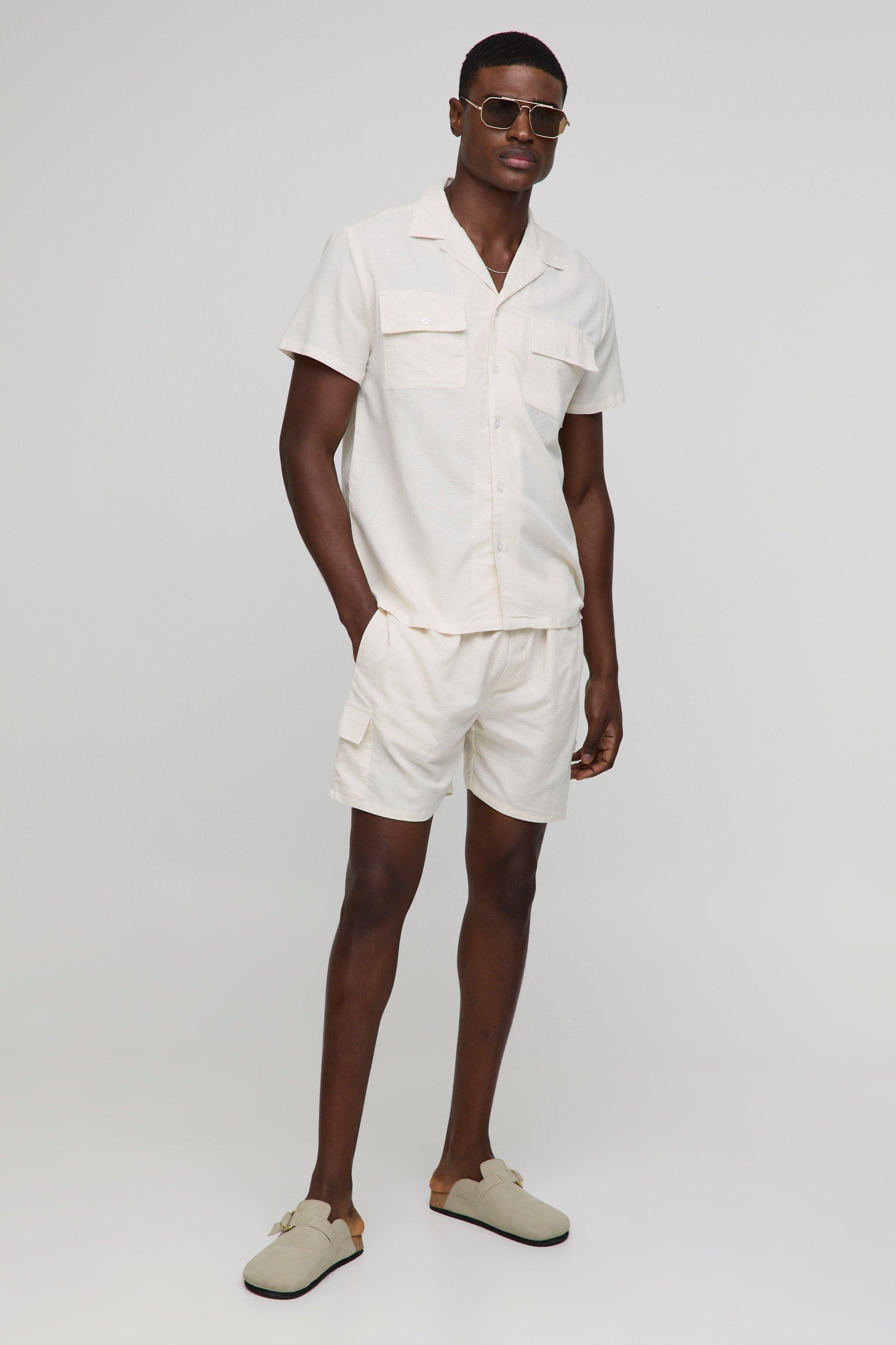 Short Sleeve Linen Cargo Shirt & Short, Beige