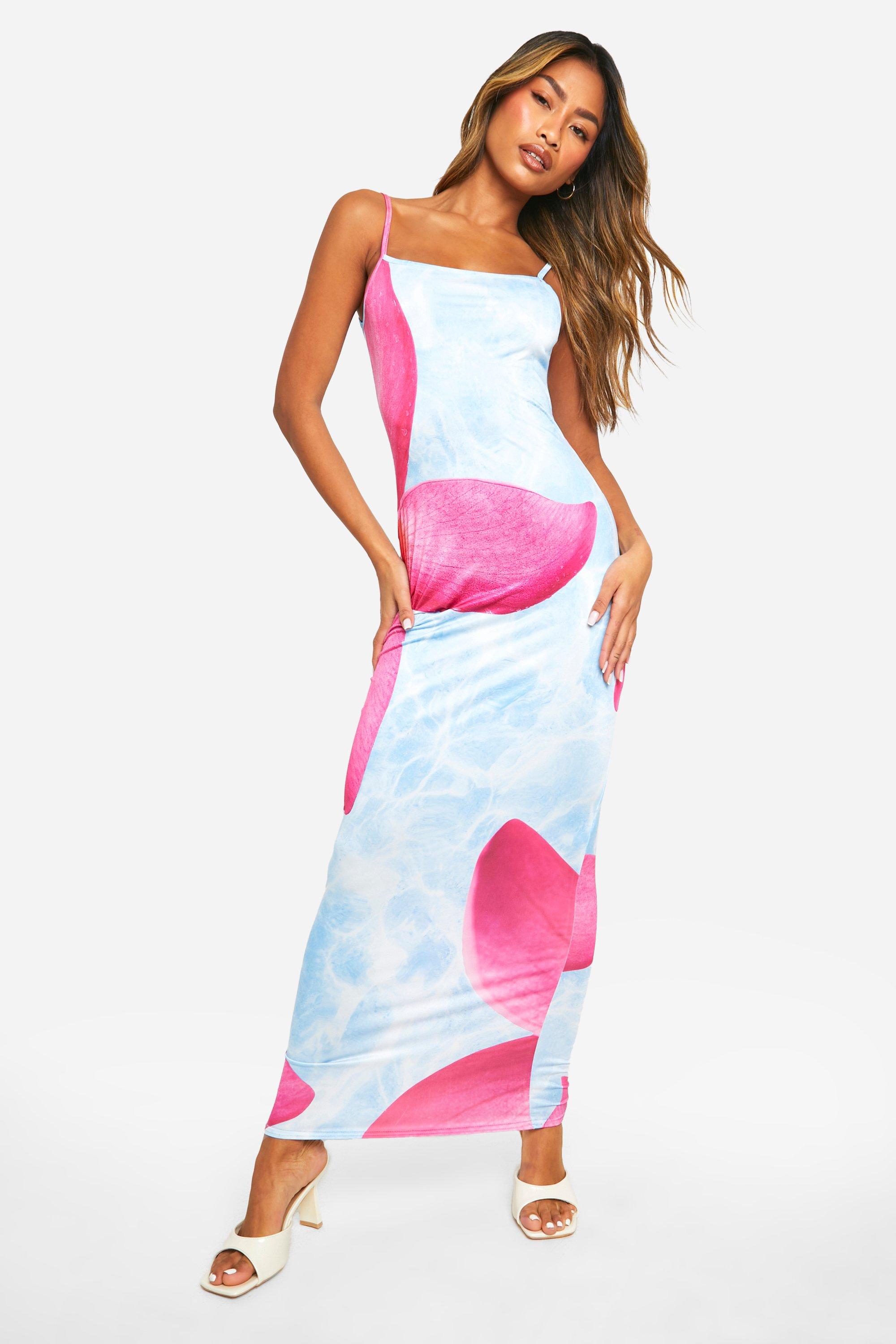 Floral Print Strappy Maxi Dress, Azzurro