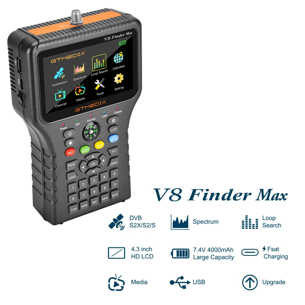 V8 Finder Pro Satellite Finder Dvb-S2/T2/C Hd Digital Satellite Tv Signal Finder Satellite Locator Finder Con Schermo Da 4.3"