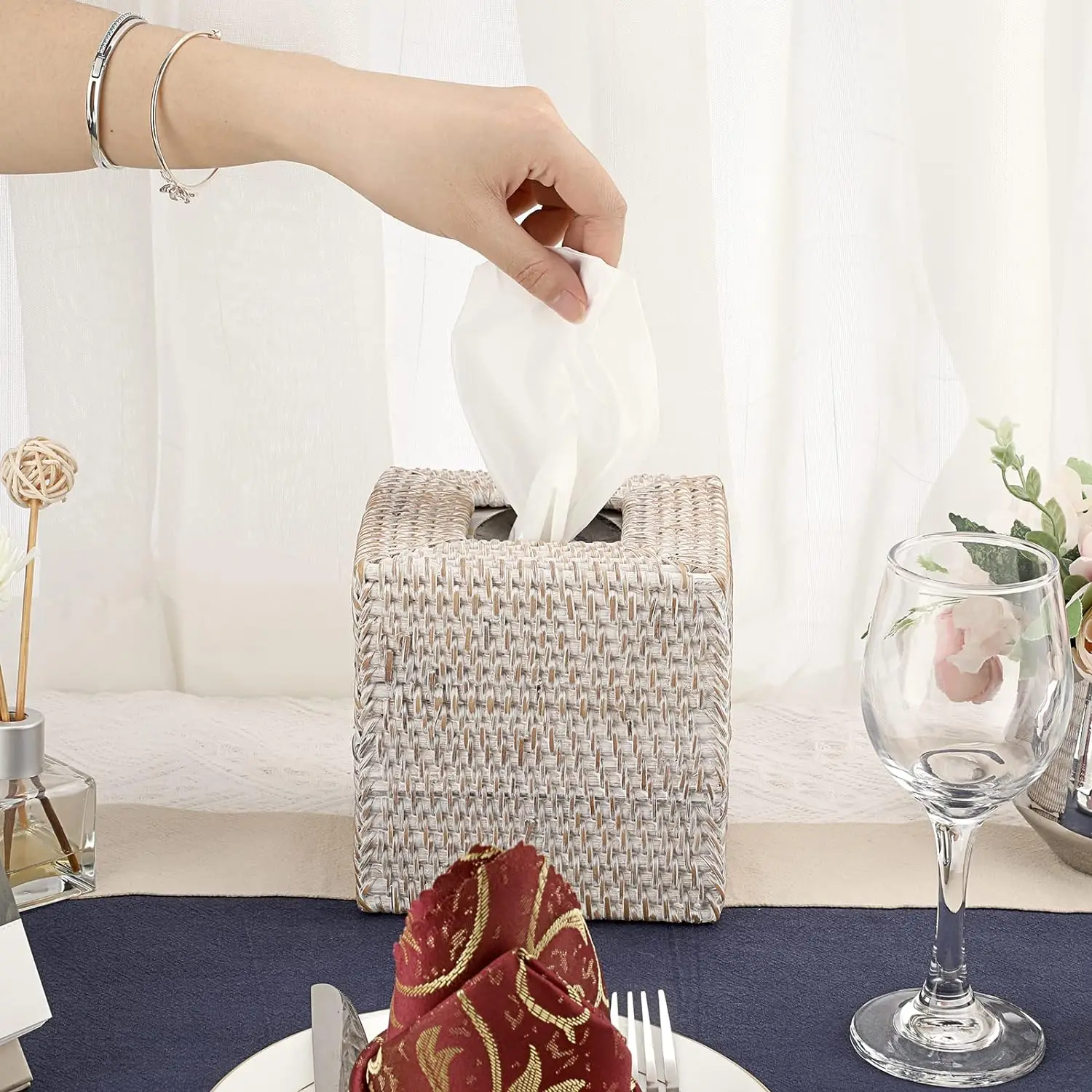 Vine Square Tissue Box Soggiorno Desktop Cover Hand Woven Willow Tissue Holder Vintage Storage Box