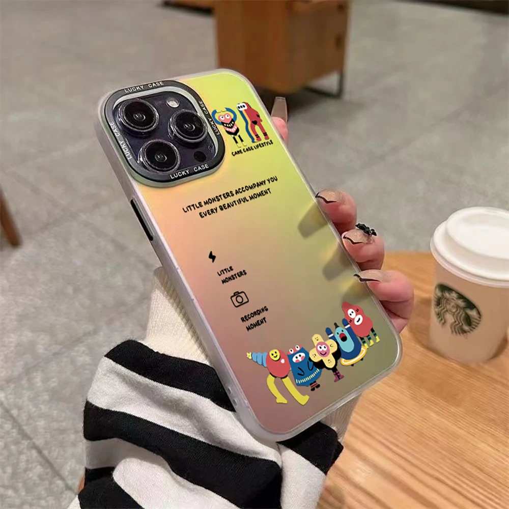 Cartoon Little Monster Half Phone Case Per Oppo Reno 5 6 7 7Z 8 8T 10 Pro Plus 4G 5G Matte Aurora Laser Cute Monster Gradient