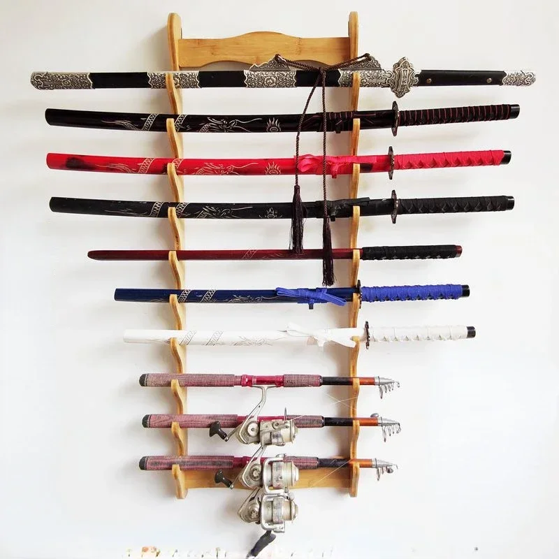 Bamboo Sword Storage Wall Hanging Rack Flauto Scaffale Multistrato In Legno Per Armi Per Attrezzature Per Arti Marziali Elegante Organizzatore