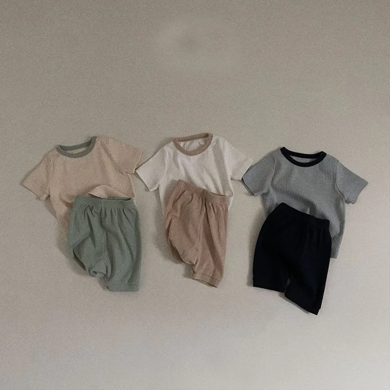 2023 New Baby Solid T-Shirt + Shorts 2 Pezzi Suit Infant Summer Short Sleeve Clothes Set Cotton Toddler Kids Outfit For Boy Girl