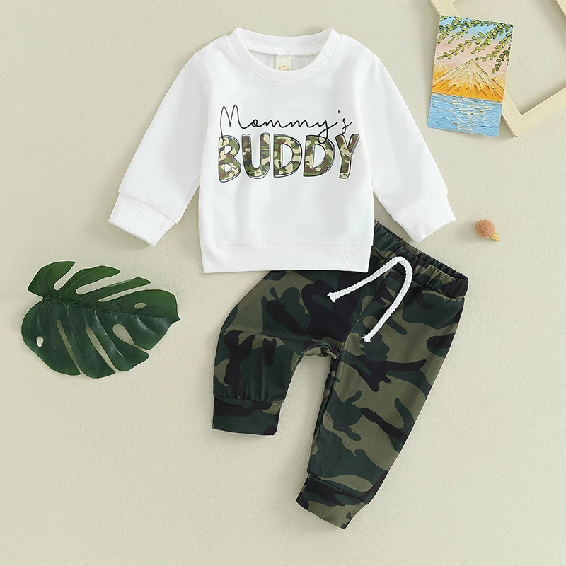 Toddler Baby Boy Autunno Inverno Vestiti Lette Print Pullover Girocollo Top Solid Camouflage Pants Neonato Outfit