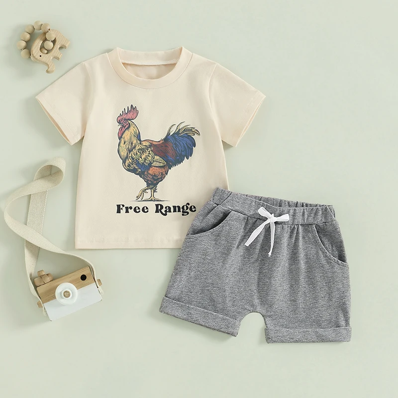Toddler Baby Boy Farm Chicken Outfit Manica Corta Gallo Free Range T Shirt Shorts 2 Pezzi Set Di Vestiti Estivi